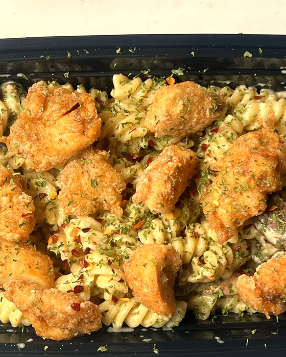 Creamy mushroom pasta with crispy chicken