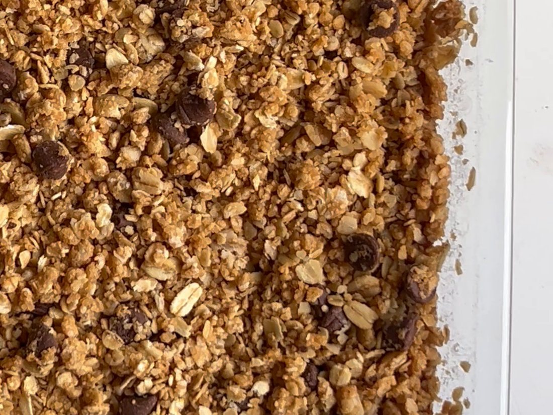 A tray of Megan Bars straight from the oven, close